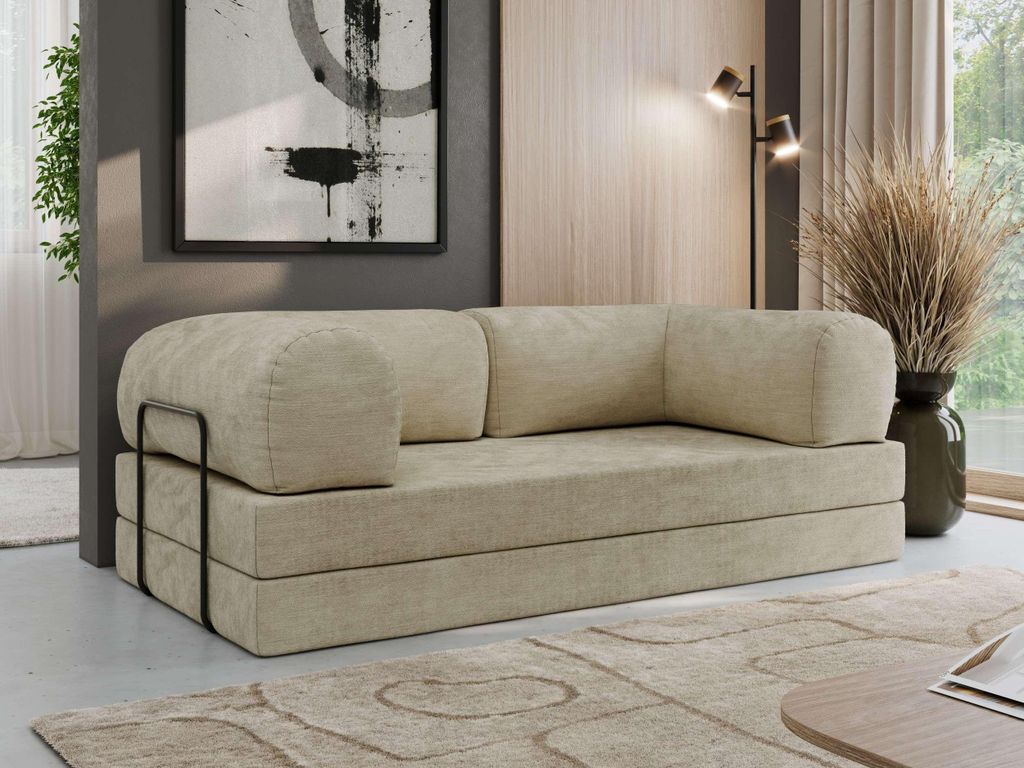 MKS MEBLE Schlafsofa 3-Sitzer ORSETTO 200 cm Sofa mit Schlaffunktion & Metallrahmen Modernes Design Ausziehcouch, HR-Schaum - Beige Schenille glatt