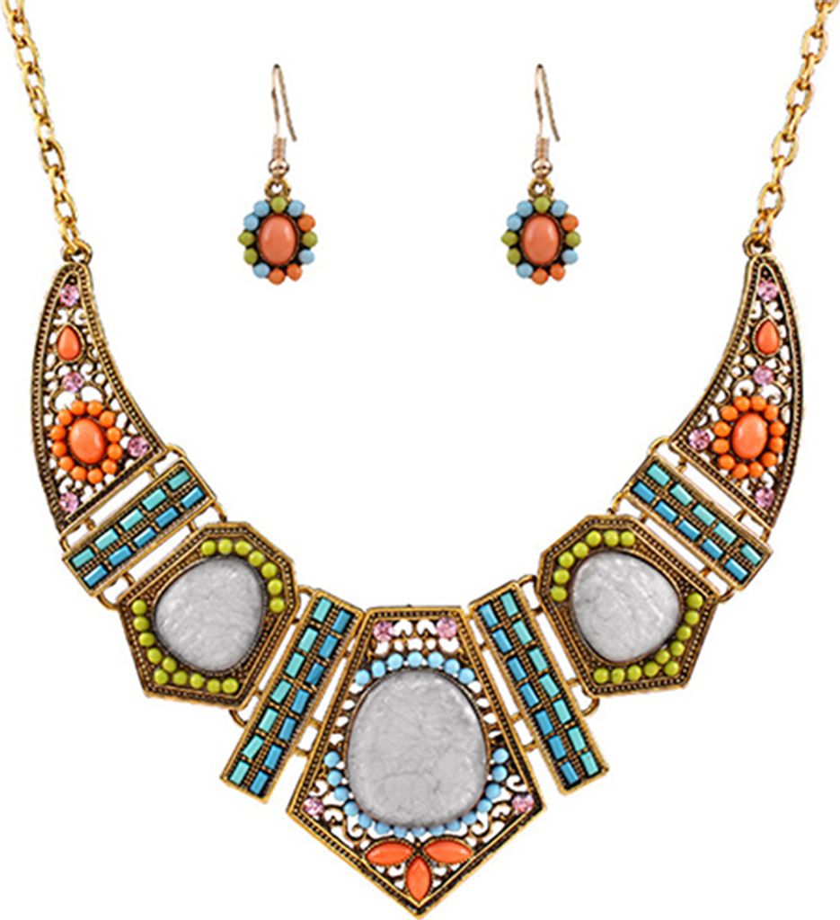 Damen Boho bunte hohle Statement-Ketten-Choker-Halsketten-Haken-Ohrring-Set