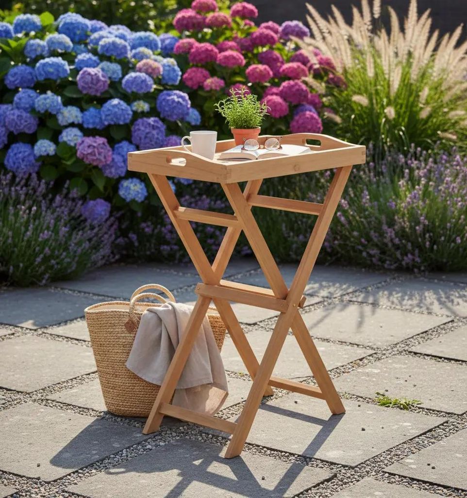 Serviertisch Teakholz 56x36x80 cm, Gartentisch mit abnehmbarem Tablett