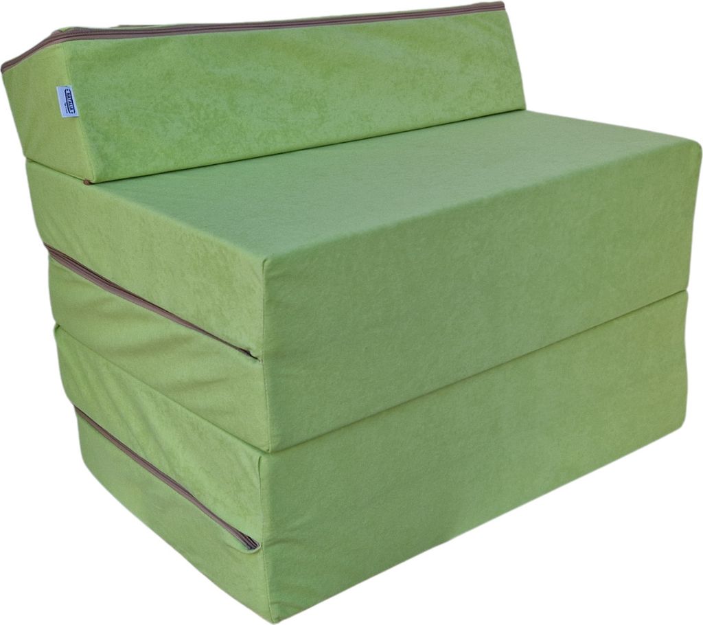 A folded mattress that can be used as a chair or bed.