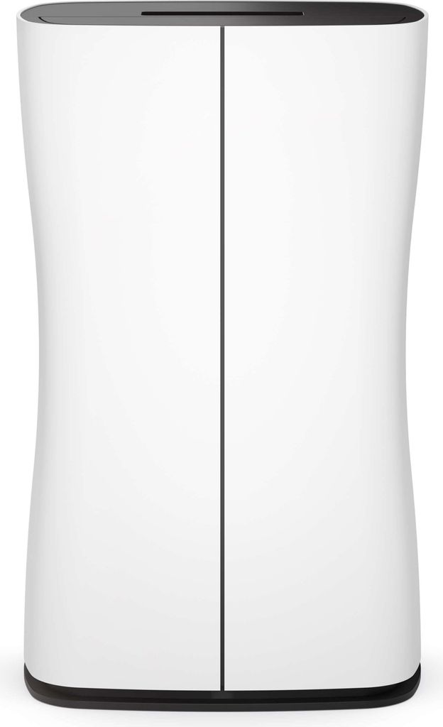 A product shot of a white dehumidifier with a black base and top.