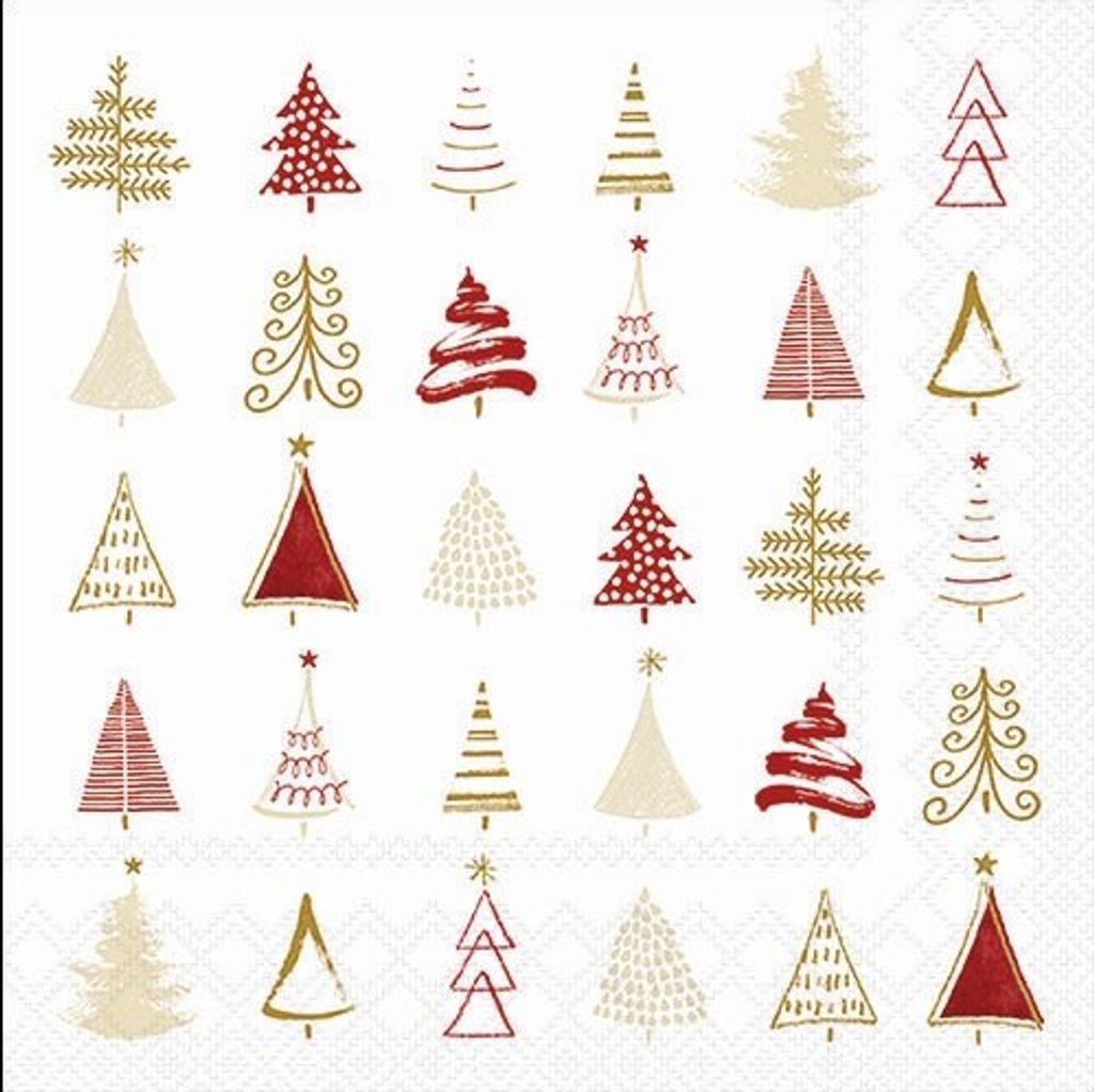 20 Servietten Christmas Tree Doodles red - Moderne Baumformen rot-gold 33x33cm