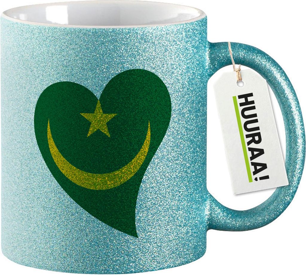 Huuraa Glitzertasse Mauretanien Flagge Herz 330ml Blau Keramik Kaffeebecher Geschenkidee