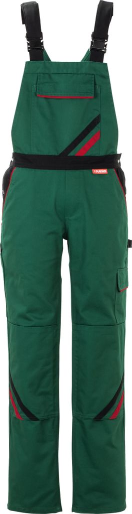 A full-body studio shot of green overalls with black and red accents.