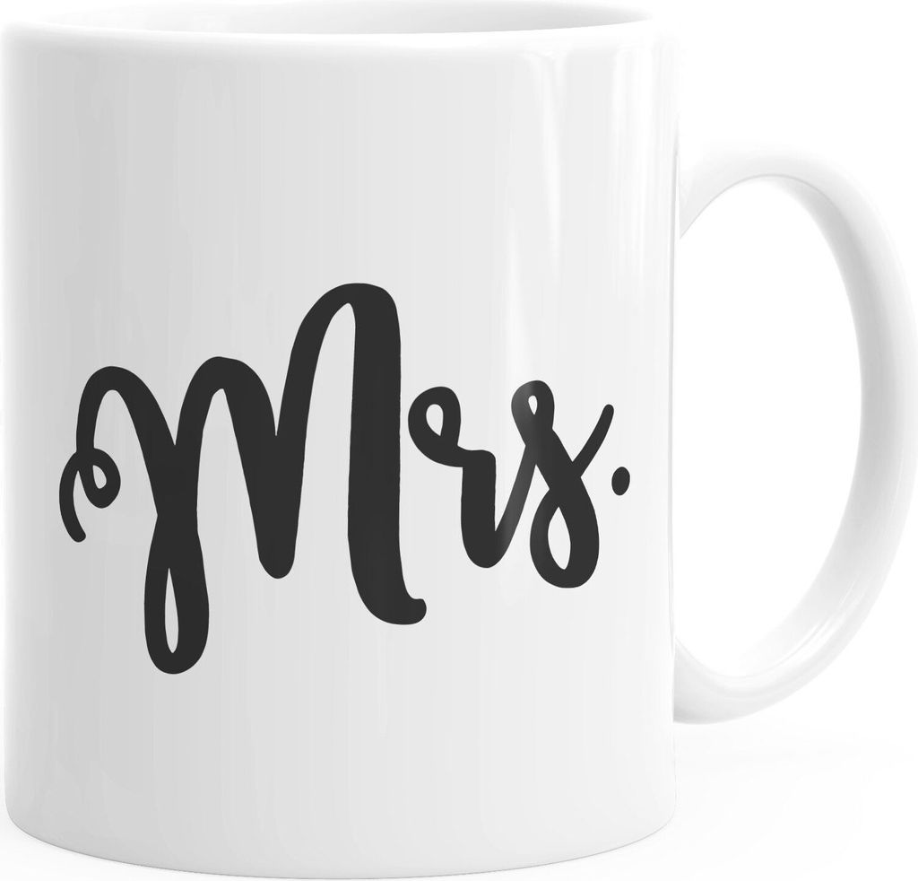 Kaffee-Tasse Aufdruck Mr Mrs Partner-Geschenk Hochzeitsgeschenk Pärchen Geschenkidee Ehemann Ehefrau Moonworks Mrs uni - weiß Keramik-Tasse