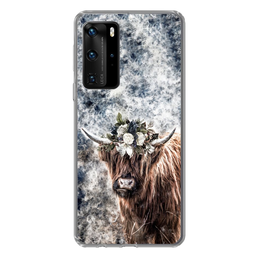 MuchoWow Handyhülle Schutzhülle Hülle für Huawei P40 Pro Schottischer Highlander - Rauch - Blumen Silikon Softcase Handy Hülle - Schutz