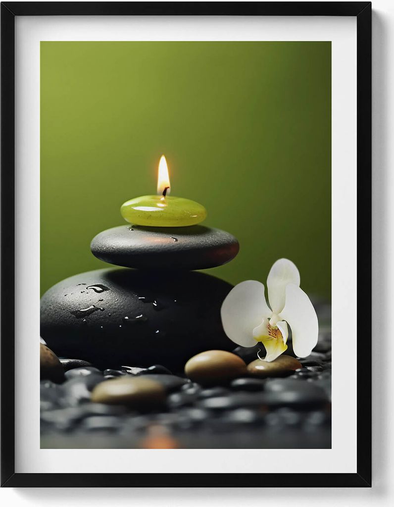 Zen-Entspannung Natur und Steine– Wandbild mit Rahmen – Gerahmtes Bild – Wanddekoration – 60x80 cm – Schwarz Rahmen
