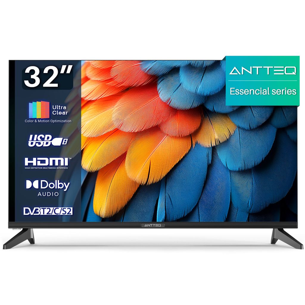 A front view of a 32-inch ANTTEQ LED TV displaying a colorful image of parrot feathers.