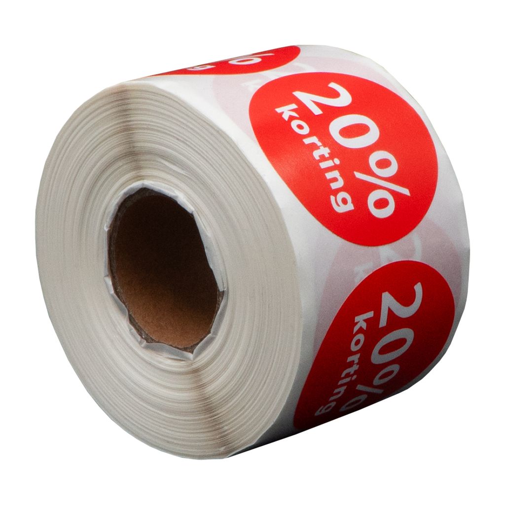 500 Etiketten Rund 20% Rabatt Rot - 35 mm auf Rolle - Rabattaufkleber - Werbeaufkleber - Runde Aufkleber - DULA