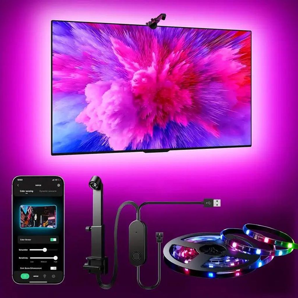 AIORBER TV LED Hintergrundbeleuchtung RGBIC mit Kamera App Steuerung Musikmodus Gaming Ambient Light LED Strip für Fernseher 4.2m Schwarz