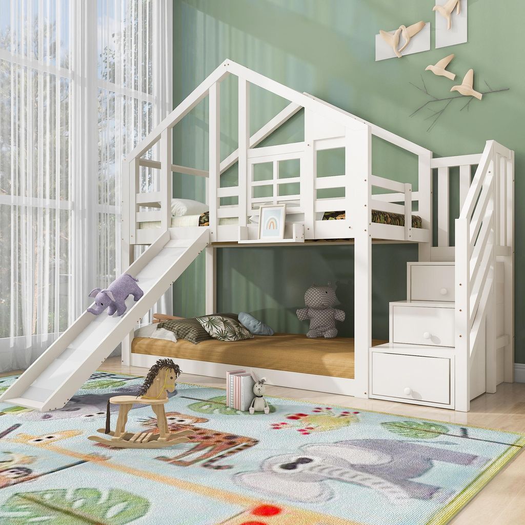 Kinderbett Baumhaus 90x200 cm Etagenbett aus Kiefer-Massivholz mit Rutsche Stauraum-Treppe und Rausfallschutz Hochbett für 2 Kinder Weiß