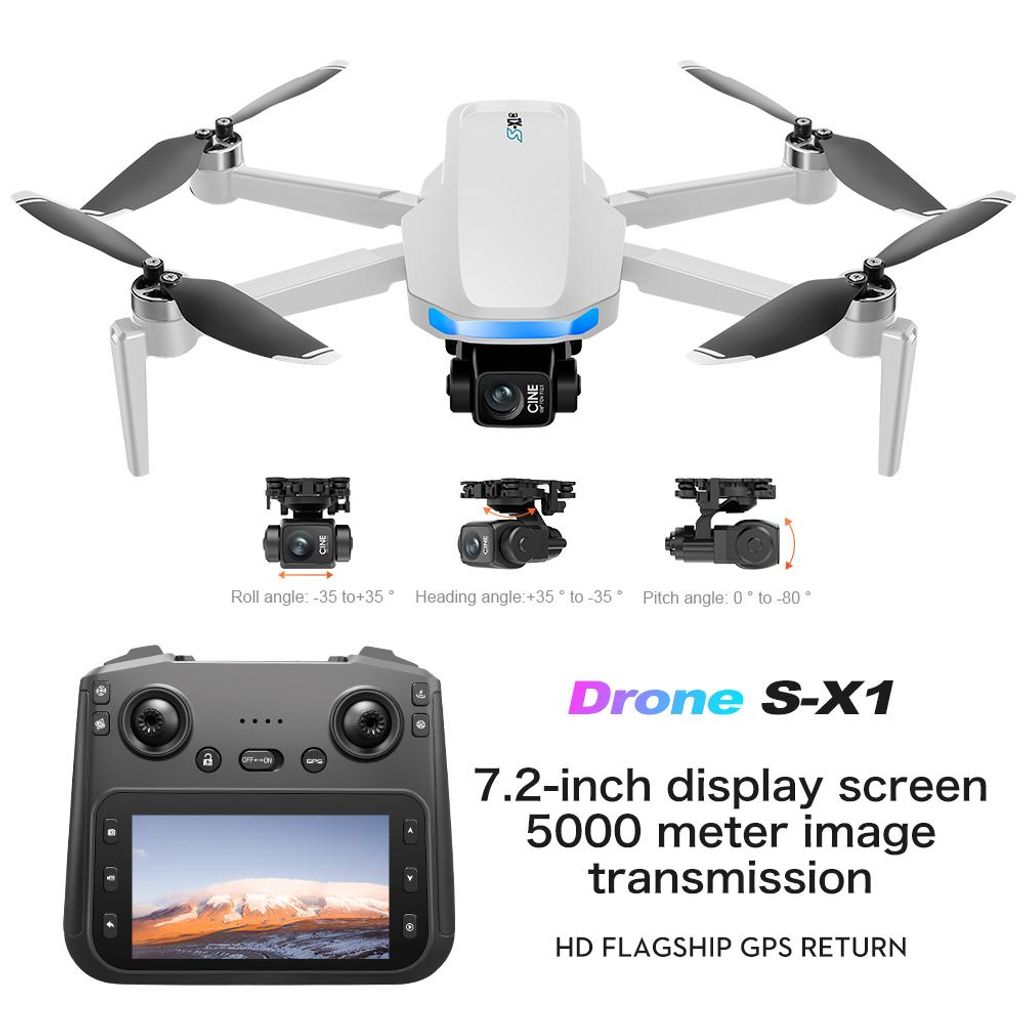 ZELURXX 4K Drohne mit 3-Achsen-Gimbal, 5G, 7.2 Zoll Bildschirm, 5KM Flug, GPS Rückkehr, 30 Min. Flugzeit, Brushless, faltbar, Weiß