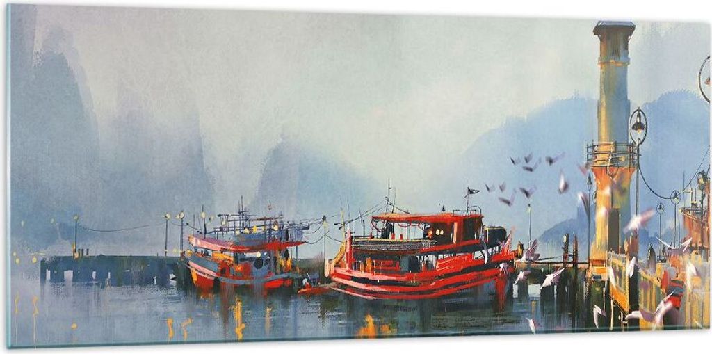 Bilder auf glas - Hafen Laterne Boot - 120x50cm - Glasbilder - Wandbilder - Kunstdruck - zum Aufhängen bereit - Wanddekoration aus Glas - Glas Bil...