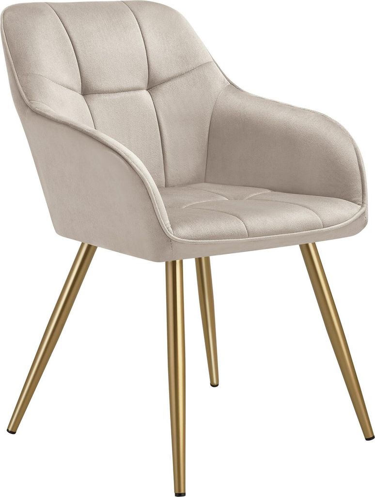 A single beige upholstered chair with gold legs, shown from a three-quarter angle against a white background.