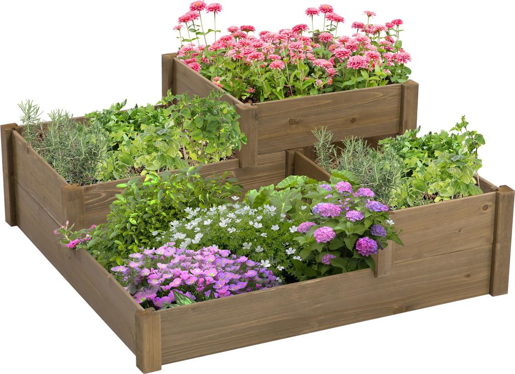 Hochbeet, 4 Pflanzgefäße auf 3 Stufen, wetterbeständig, Massivholz, 122 cm x 122 cm x 51 cm, Natur