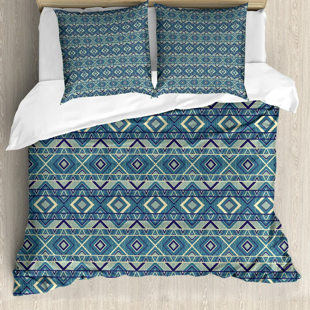 ABAKUHAUS Copripiumino geometrico, effetto chevron, antiacaro, adatto a chi soffre di allergie, con federe, 200 cm x 200 cm - 80 x 80 cm, terra giallo petrolio blu