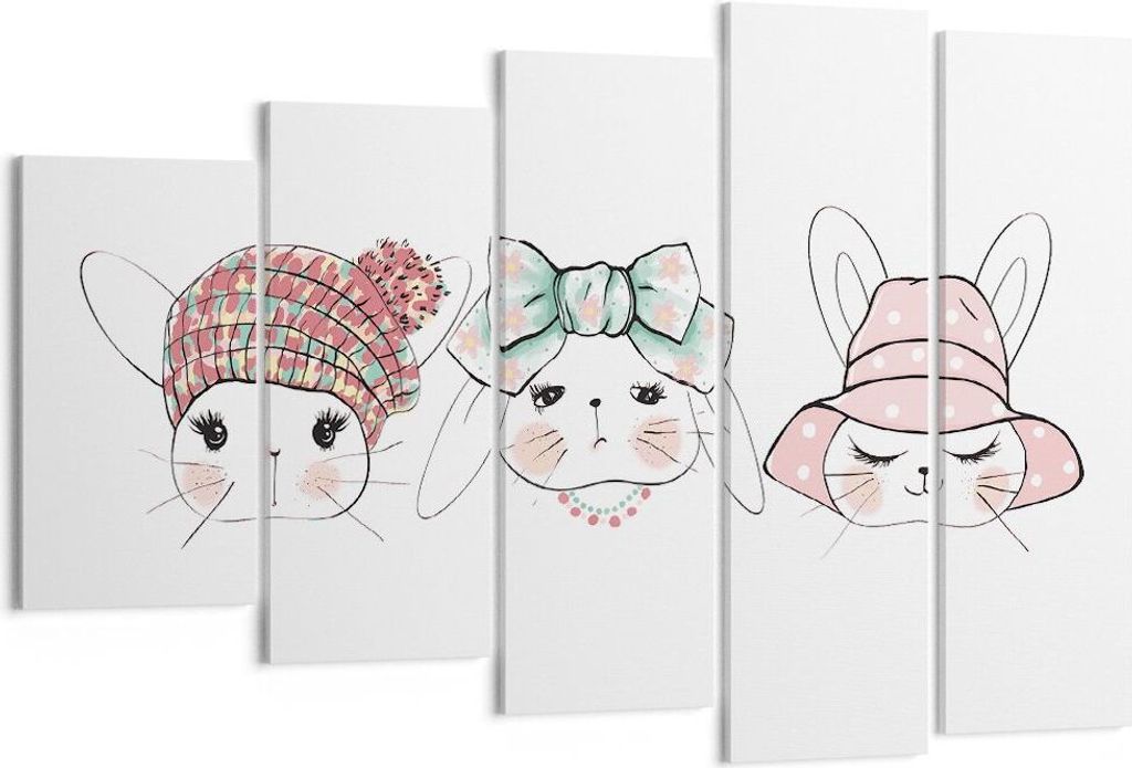 Bild auf Leinwand - Leinwandbild - Bunnys Hüte Illustration Kinder - 150x100cm - Wand Bild - Wanddeko - Leinwanddruck - Bilder - Kunstdruck - Lein...