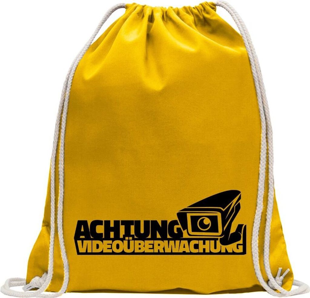 Kiwistar - Turnbeutel - gelb - Achtung Videoüberwachung - Kamera - Fun Rucksack Sport Beutel Gymsack Baumwolle mit Ziehgurt