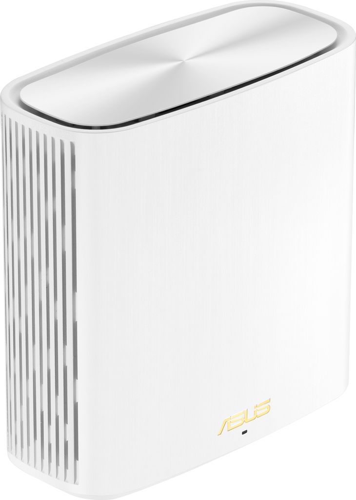 A white Asus ZenWiFi XD6 AX5400 mesh WiFi system unit is shown from a slightly elevated front-right angle against a white background.