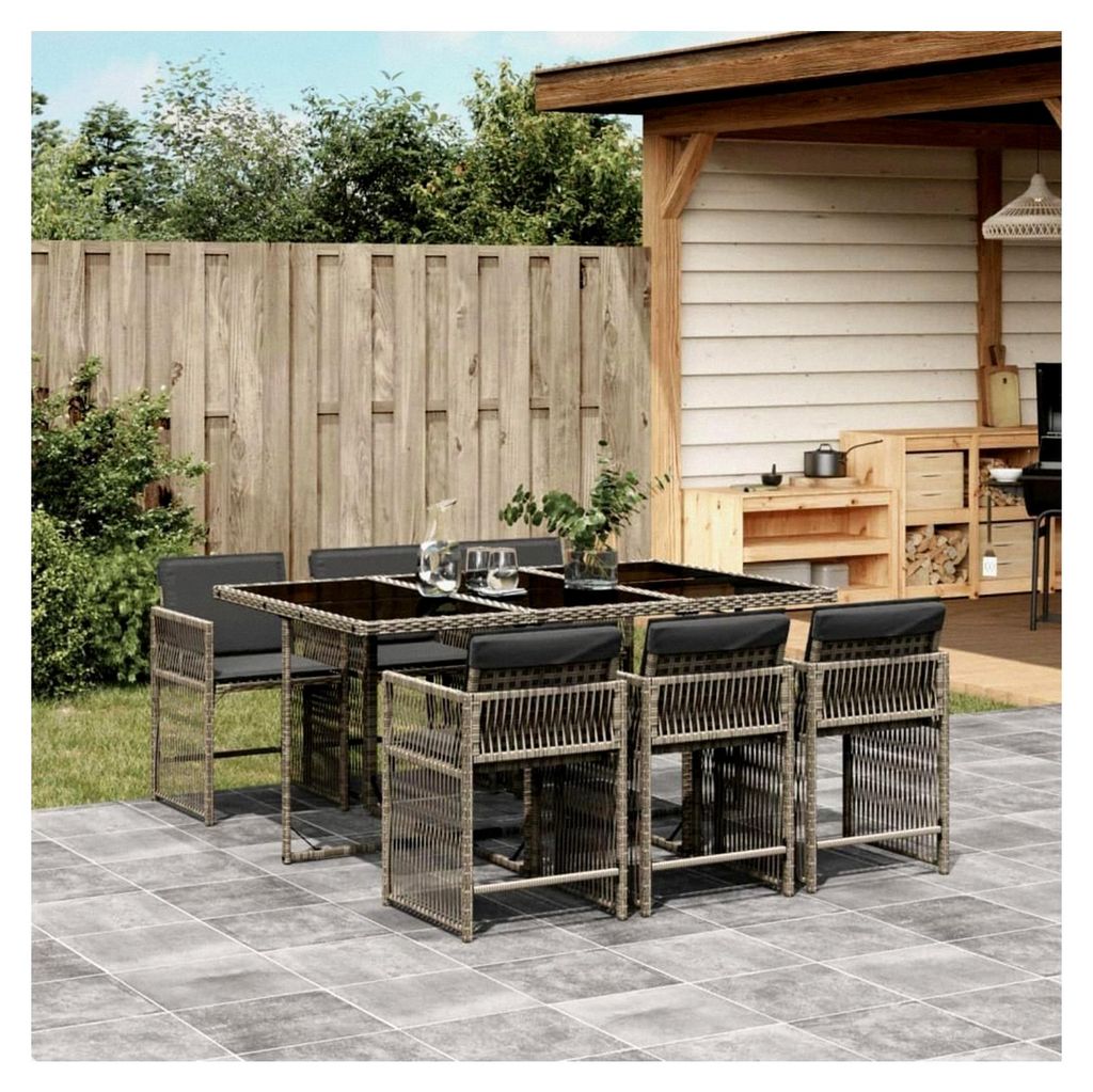 Gartenmöbel Set Rattan für 6 Personen mit Gartentisch und 6 Stühlen - wetterfeste Gartengarnitur mit Kissen in Grau - 7-teilig