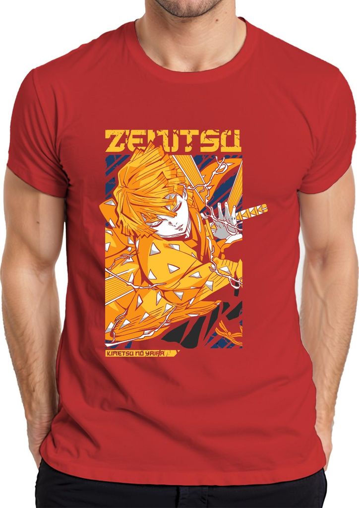 Zenitsu Kimetsu no Yaiba Blitz Schwert Anime Dämonenjäger Japan Y2K Streetwear Herren T-Shirt, Rot, L