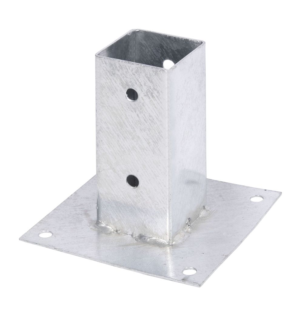 A metal post holder with a square opening and a flat base with screw holes, isolated on a white background.
