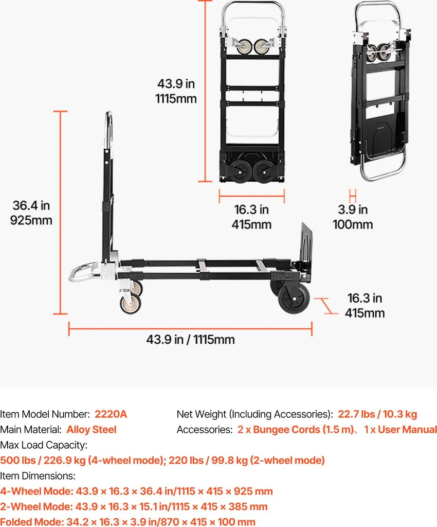 Diable Pliable avec Capacité 227kg - Chariot Multi-positions Modulable