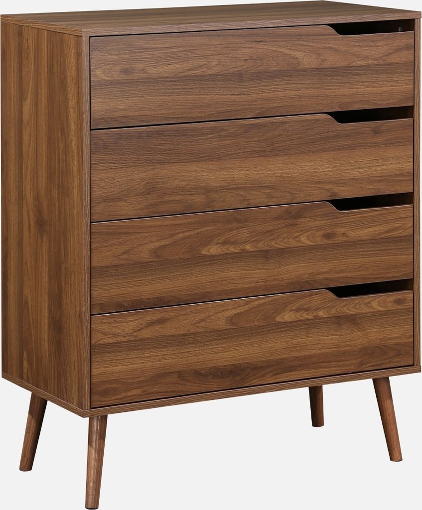 A wooden dresser with four drawers and tapered legs, shown against a white background.