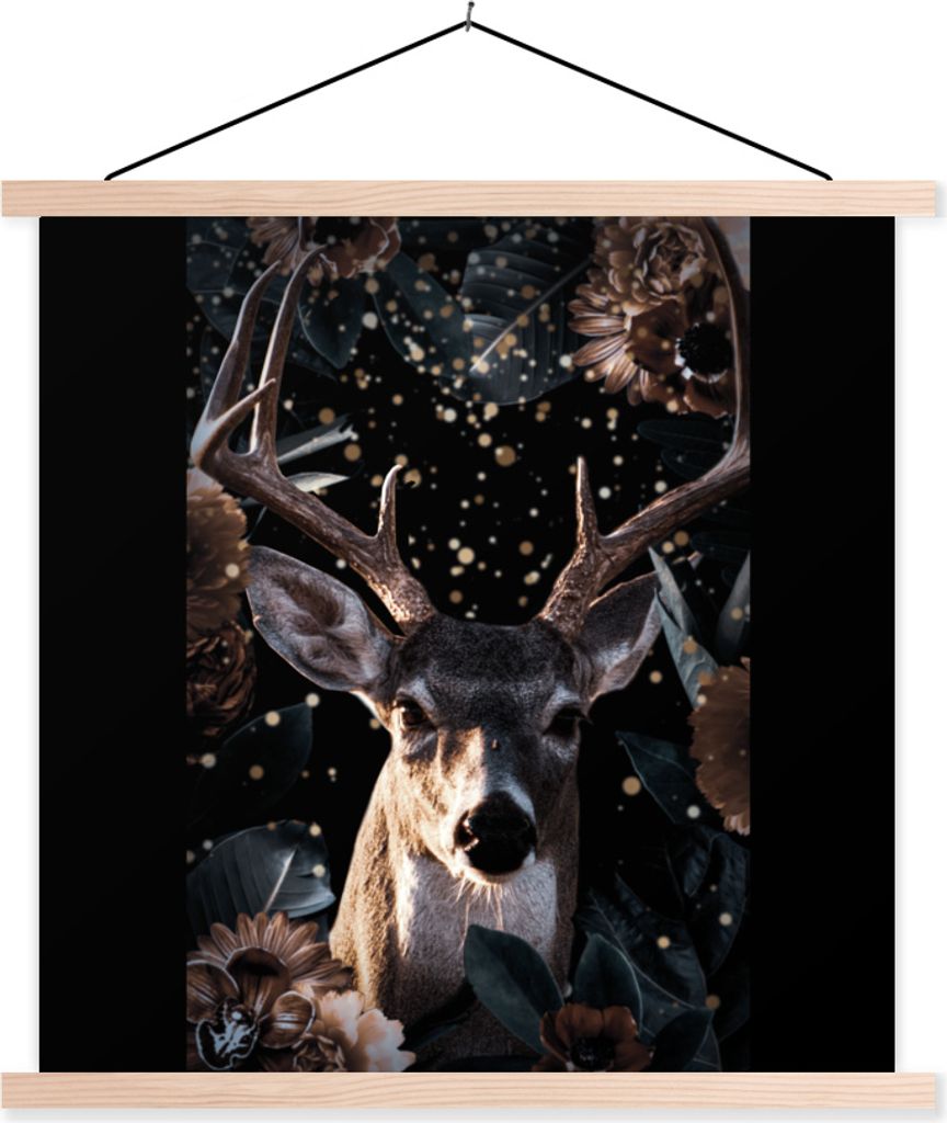 MuchoWow Textilposter Hirsche - Blumen - Licht - Botanisch 60x60 cm mit holzfarbenen Rahmen - Wanddekoration