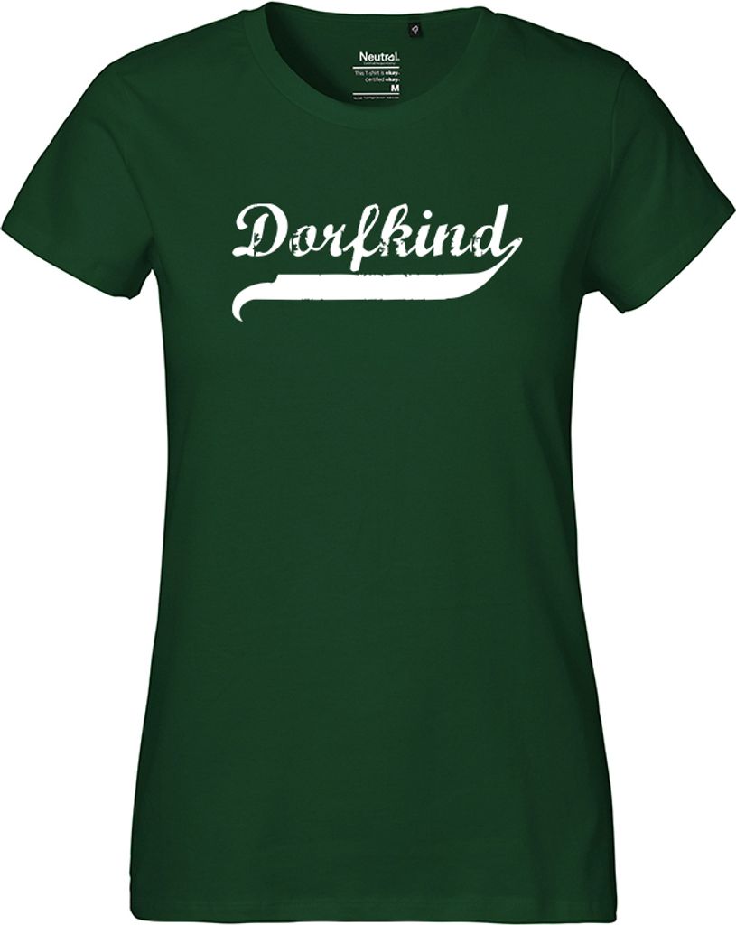 Hellweg Druckerei Damen T-Shirt Dorfkind Vintage Geschenk Oberteil Bottle Green Größe XS Bio Baumwolle Fairtrade Dorfkind Vintage Präsent
