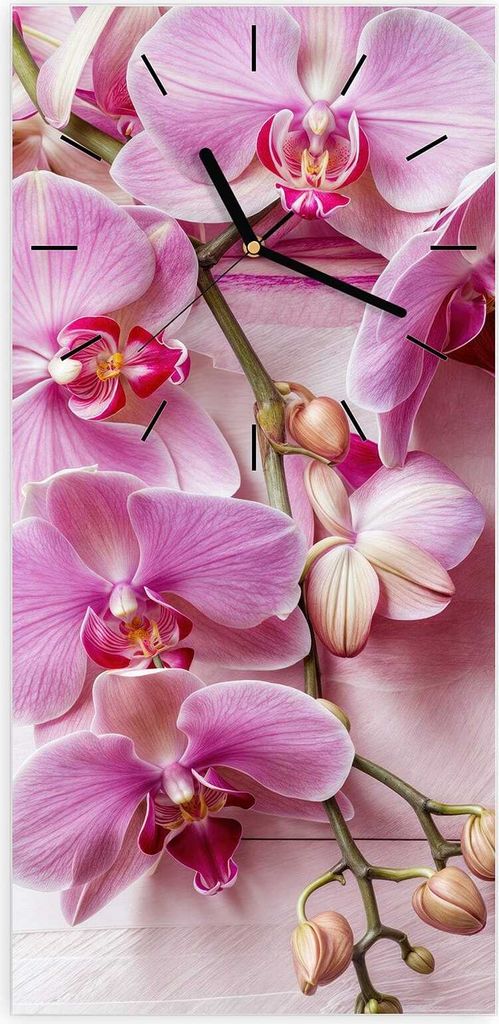 Wanduhr aus Glas mit Motiv Orchideen Holz Hintergrund- 30 x 60 cm - inkl. Aufhängesystem