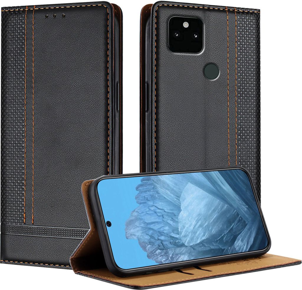 Handyhülle für Google Pixel 5A Leder Flip Klappbare Schutzhülle mit Standfunktion Schwarz