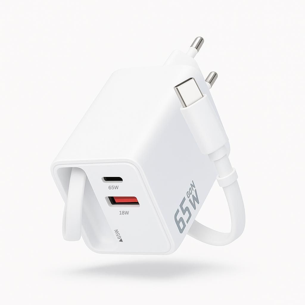 65W USB-C Schnellladegerät mit ausziehbarem Kabel, PD Fast Charger mit USB-C & USB-A Ports – Ladegerät für iPhone, Samsung, Tablet, Laptop