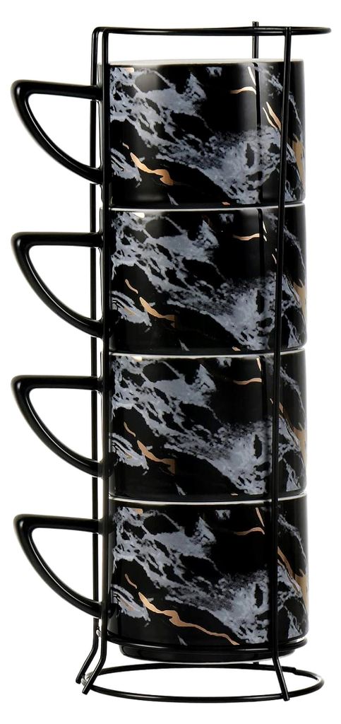 Cappuccinotassen-Set, Teebecher, 210 ml, stapelbar, 4 Stück, Keramik, mit Tassenständer (schwarz)