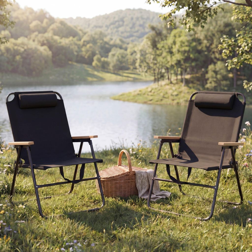 2er-Set Campingstuhl MCW-Q44, Gartenstuhl Balkonstuhl Freizeitstuhl, klappbar verstellbar Outdoor Metall Stoff schwarz