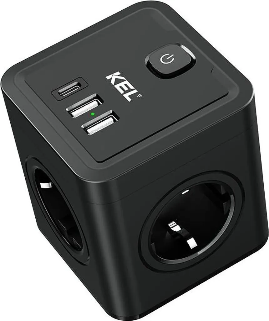 Multiprise murale 4 prises 230V et triple chargeur USB-A/C coloris noir