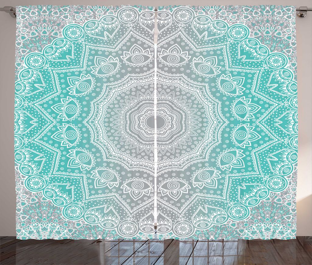 ABAKUHAUS Grau und Türkis Rustikaler Vorhang, Ombre Ethnic, Wohnzimmer Universalband Gardinen mit Schlaufen und Haken, 280 x 175 cm, Türkis Grau