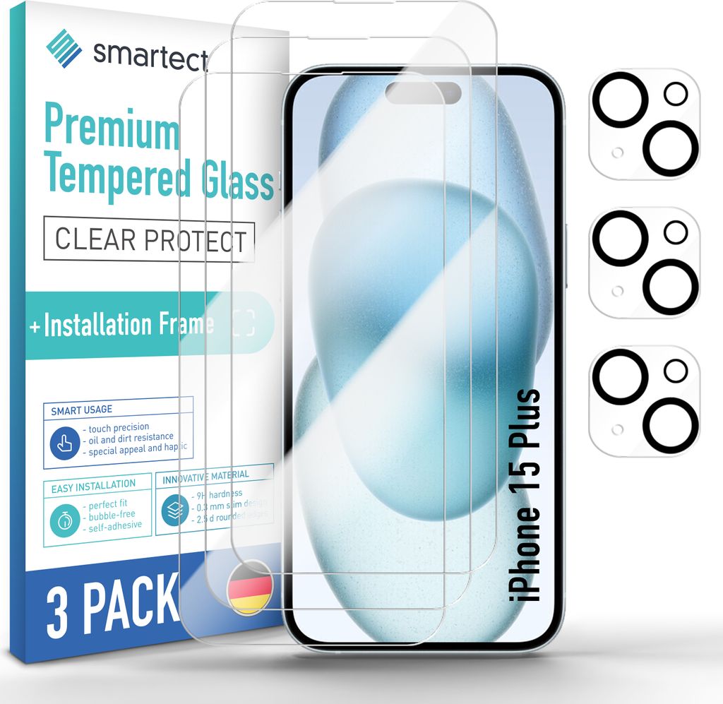 3x Schutzglas Panzerfolie für iPhone 15 Plus Anbringhilfe + Produktbild 