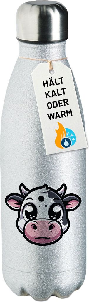 Huuraa Trinkflasche Comic Kuh Kälbchen 500ml Silver Edelstahl Wasserflasche Trinkflasche Geschenkidee