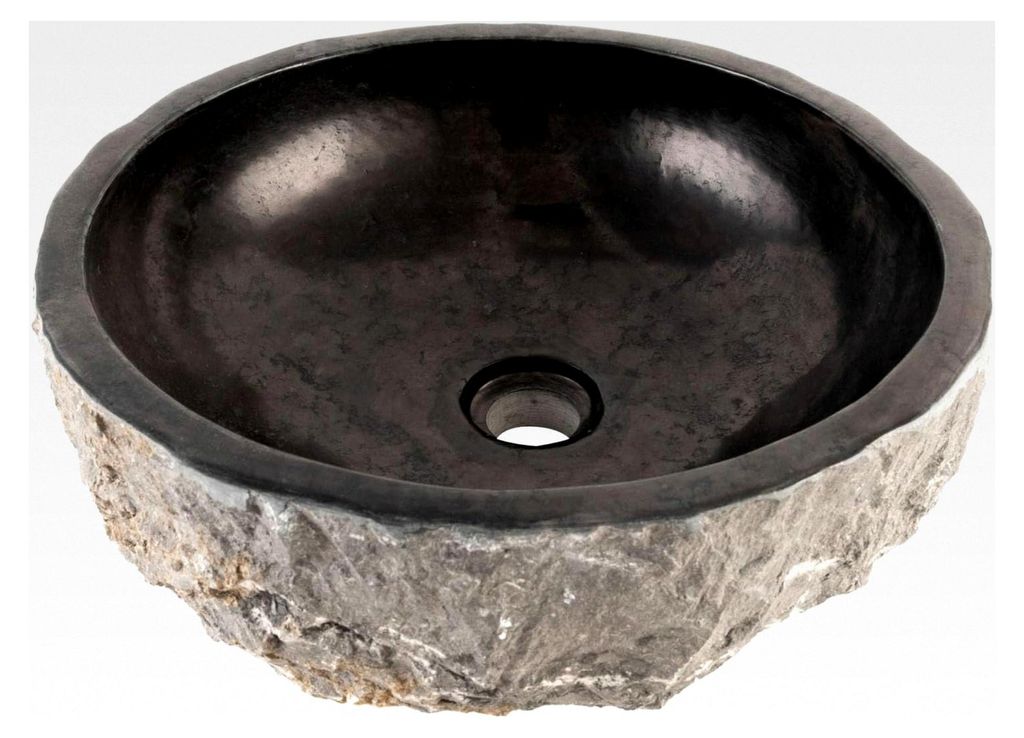 Rundes schwarzes Marmorwaschbecken 40 cm - Unikat Stein Aufsatzwaschbecken innen poliert, außen gehämmert für das Badezimmer - Naturstein Waschs...