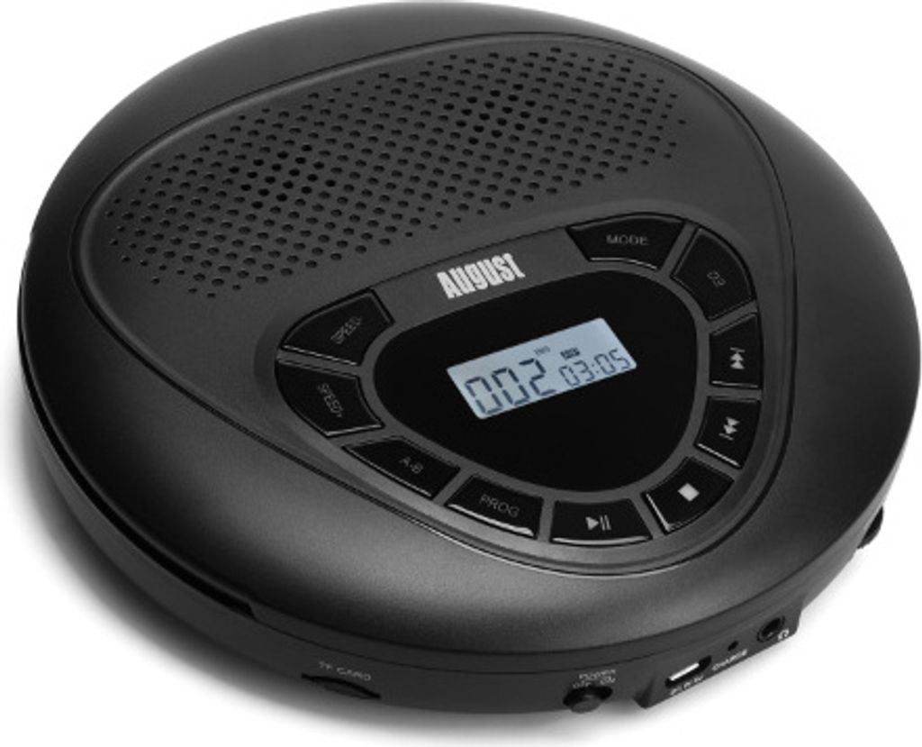 A black portable CD player with a speaker and display screen, shown from a diagonal angle on a light gray background.