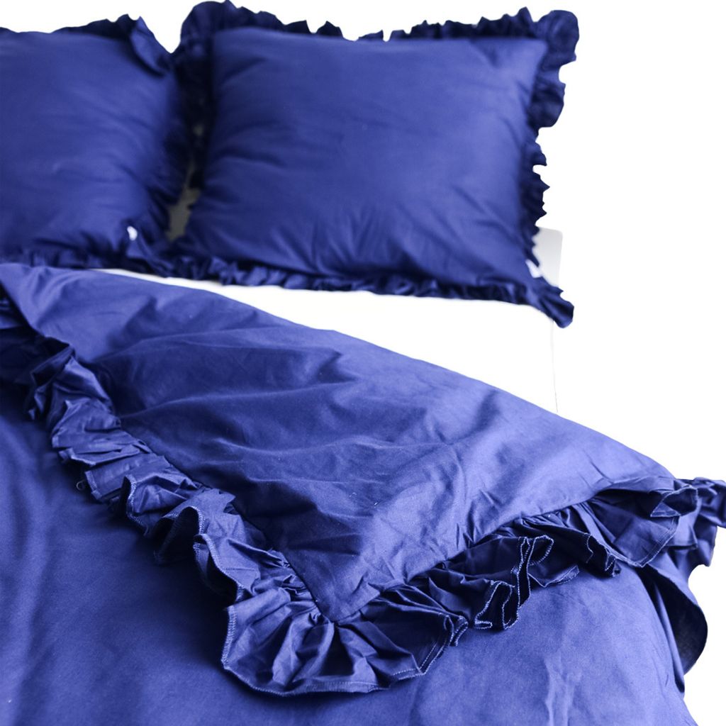 Baumwolle Bettwäsche Mit Rüschen Set Schlafzimmer Bettdeckenbezug 160X200 Cm + 2 Kissenbezüge 70X80 Cm Marineblau