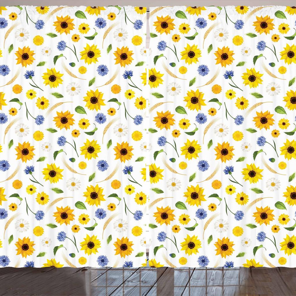 ARANDE Gelb und Weiß Gardine, Botanische Anordnung für Sommer blüht Weizen Daisy Blossoming Nature, 280 x 175 cm, Mehrfarbig