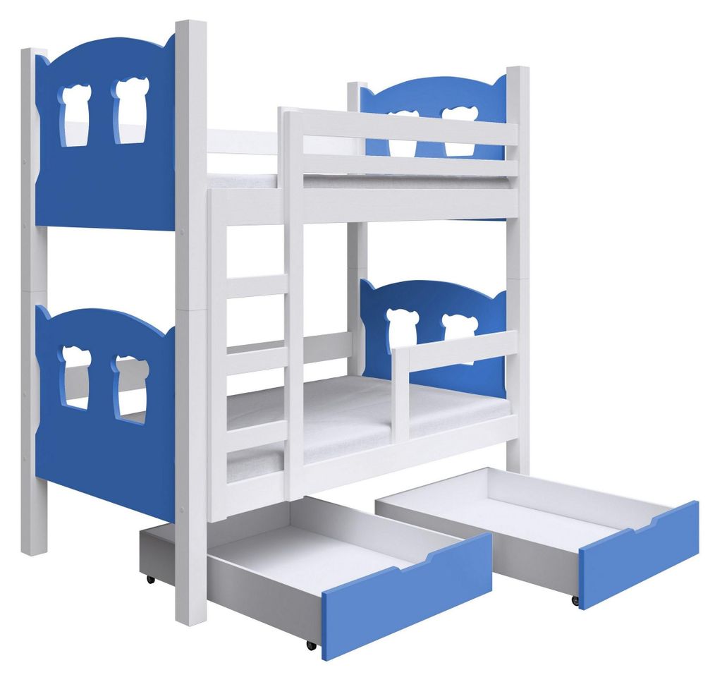 Masseno Etagenbett LEONE 80x180 cm mit Schublade, Rausfallschutz, Kinderbett mit Leiter für Mädchen und Jungs, Stockbett, Weiß