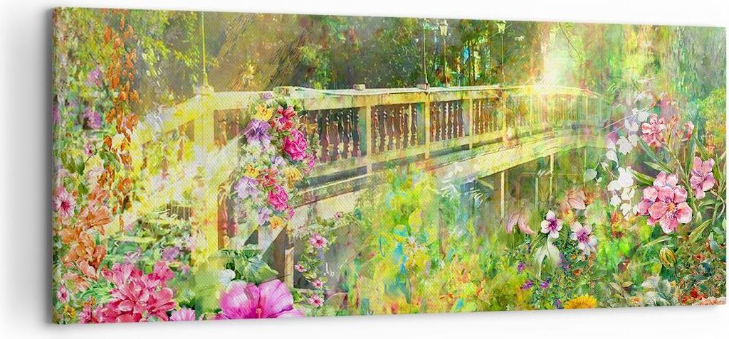 Bild auf Leinwand - Leinwandbild - Brücke Park Blume Frühling - 120x50cm - Wand Bild - Wanddeko - Leinwanddruck - Bilder - Kunstdruck - Wanddekor...