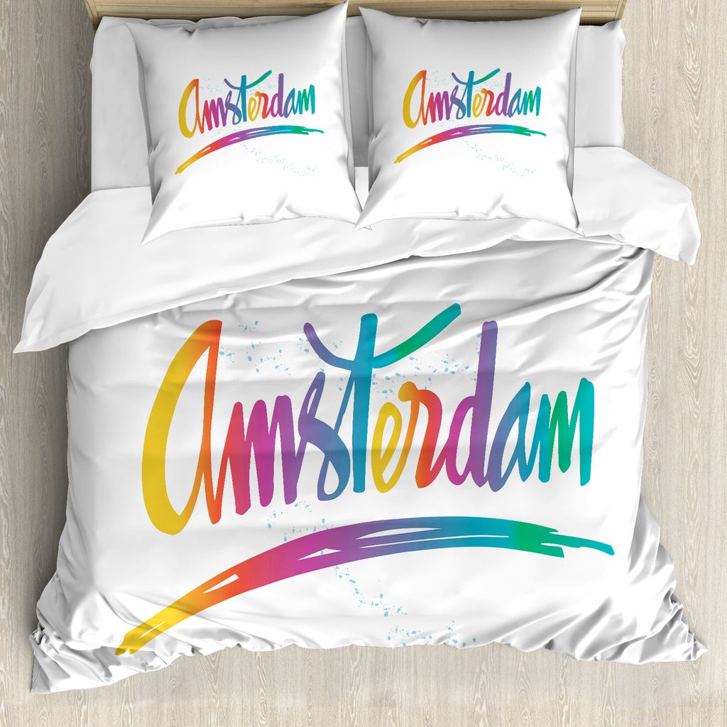 ABAKUHAUS Amsterdam Bettbezug Set für Einzelbetten, Bunte Hand Schriftzug, Milbensicher Allergiker geeignet mit Kissenbezug, 200 cm x 200 cm - 80 ...