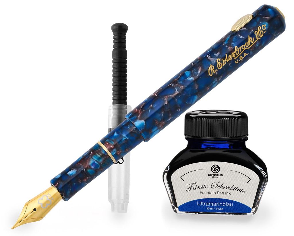 Esterbrook Niblet Nouveau Blue Gold Füllhalter mit 30 ml Schreibtinte, Ultramarinblau und Konverter