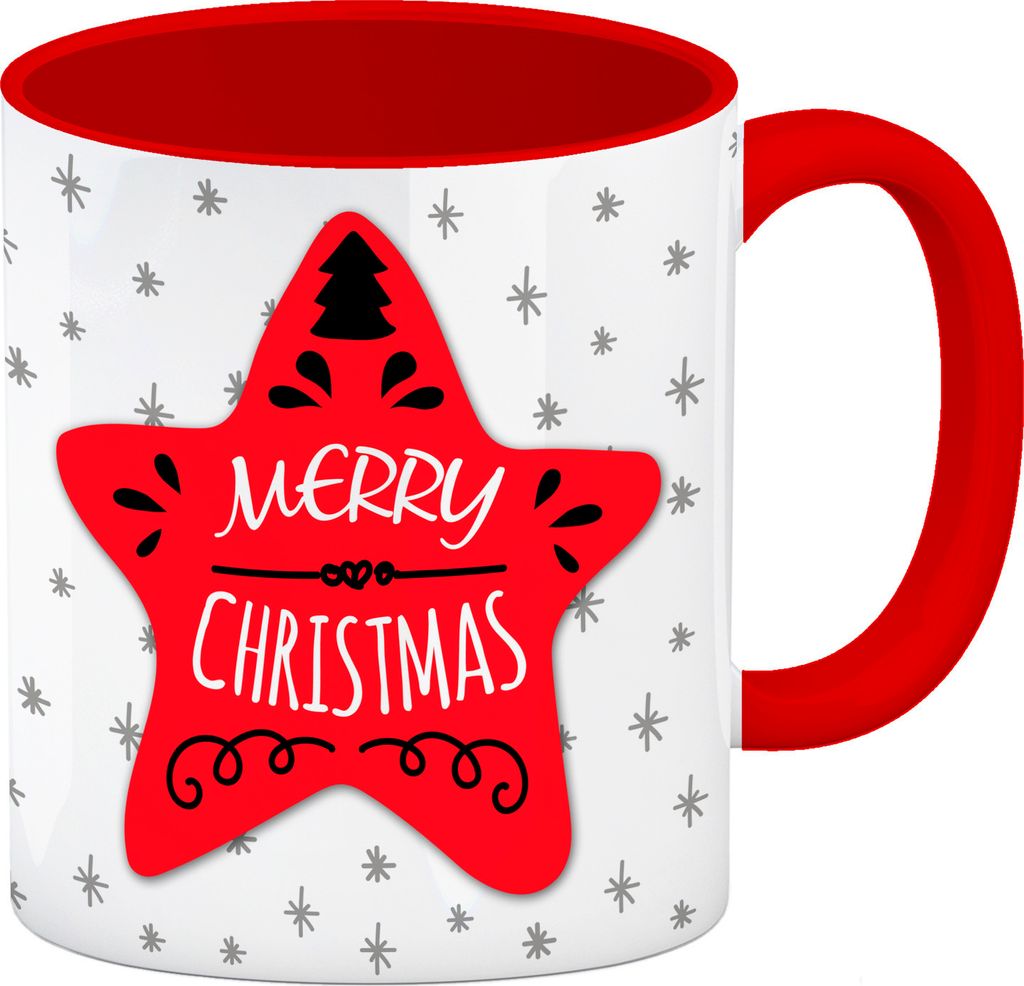 Merry Christmas Kaffeebecher Henkel und Innenseite Rot mit