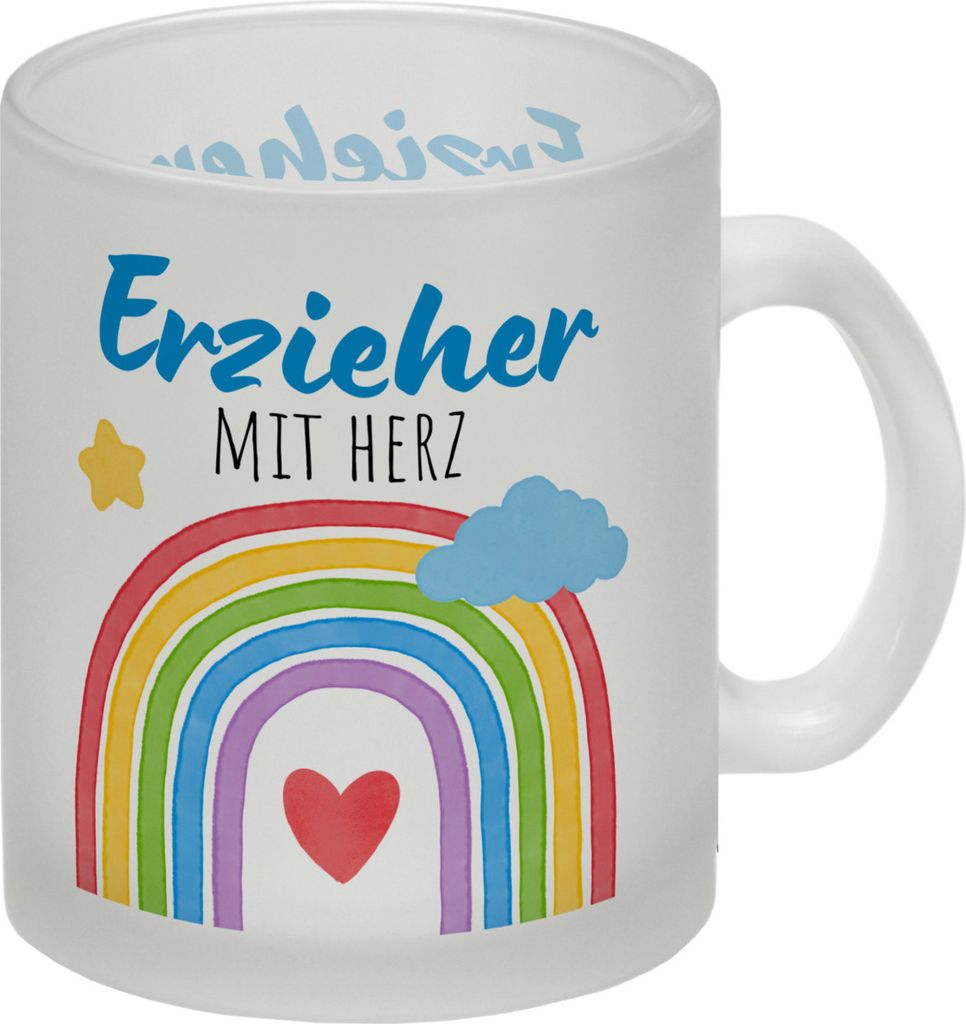 Regenbogen Glas Tasse mit Spruch Erzieher mit Herz
