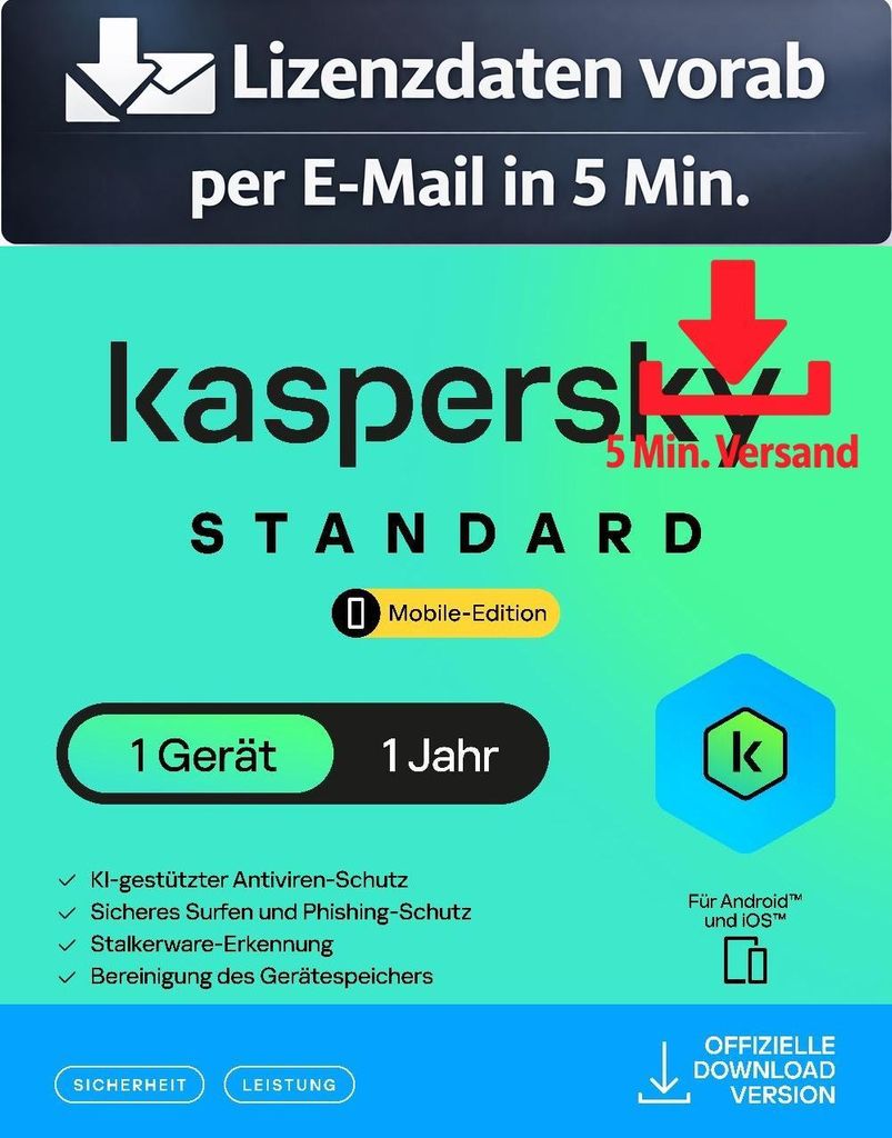 Kaspersky Mobile (1 Device - 1 Jahr) DACH ESD Antivirus Sicherheit 5 Min. Versand als Download per Mail
